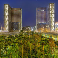 The French National Library at night.