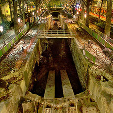 Canal Saint-Martin seen at night from a footbridge during the renovations of 2002.