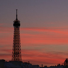 The Eiffel Tower at sunset.
