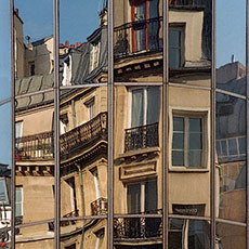 Buildings reflected in the Forum des Halles’ windows.