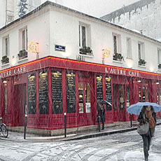 L’Autre Café, un restaurant sur la rue Jean-Pierre-Timbaud sous la neige.
