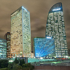 The Technip, Ernst & Young, Pullman Hotels and GDF Suez towers in the La Défense business district at night.