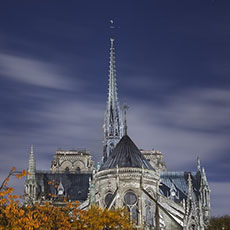The eastern end of Notre-Dame Cathedral at night.