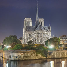 Notre-Dame, quai de l’Archevêché, square de l’Île-de-France and île de la Cité at night.