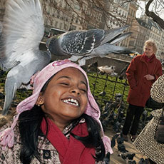 People feeding pigeons in front of Notre-Dame Cathedral.