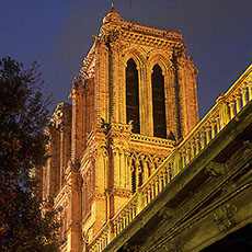 The southern façade of Notre-Dame seen from the Left Bank at night.