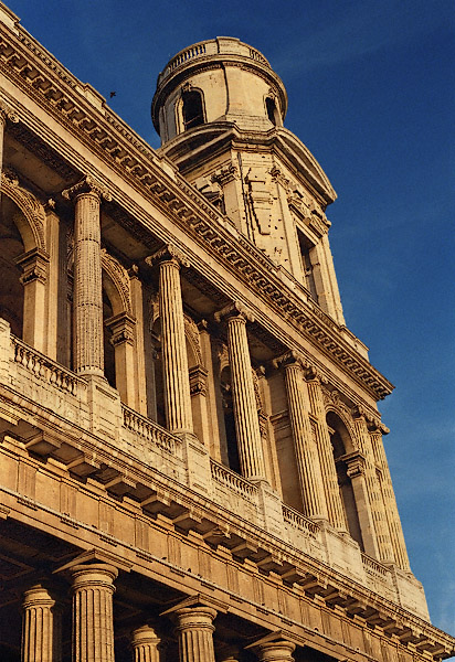 Columns and balconies on Saint-Sulpice Church’s façade.