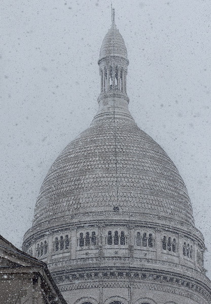 Sacré-Cœur Basilica’s central dome in a snowstorm.