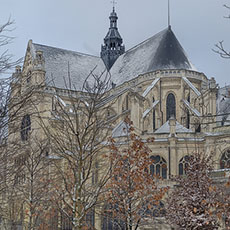 Saint-Eustache church in the snow, seen from place René-Cassin.