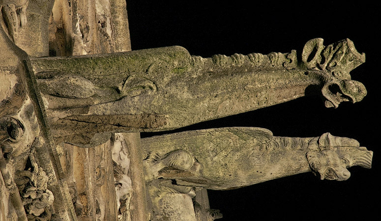 Gargoyles on Saint-Séverin church at night.