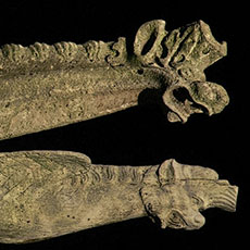 Gargoyles on Saint-Séverin church at night.