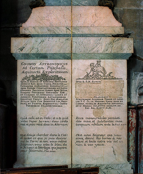 The plaque on the astronomical gnomon inside Saint-Sulpice Church.