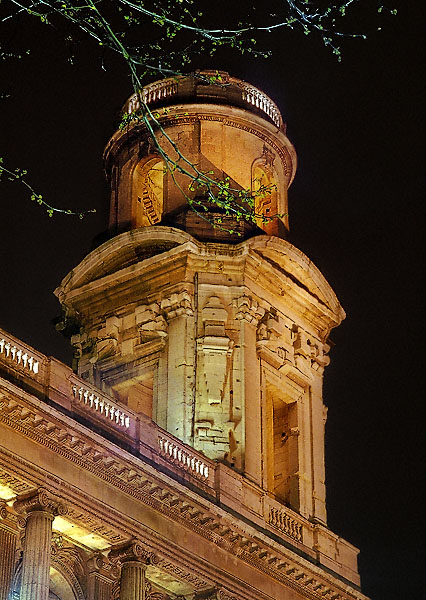 The south tower of Saint-Sulpice Church at night.