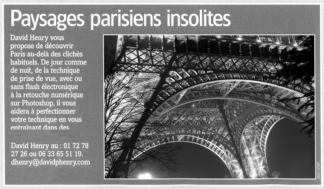 An announcement for photography workshops in Paris, published in the magazine Réponses Photo. WIDTH=1300 HEIGHT=758