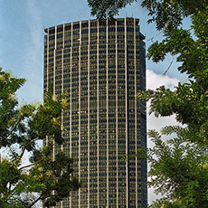 The east side of tour Montparnasse surrounded by trees.