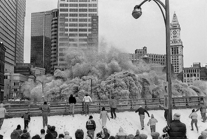 The implosion of the Fort Hill Square parking garage in Boston, January 20th 1985.