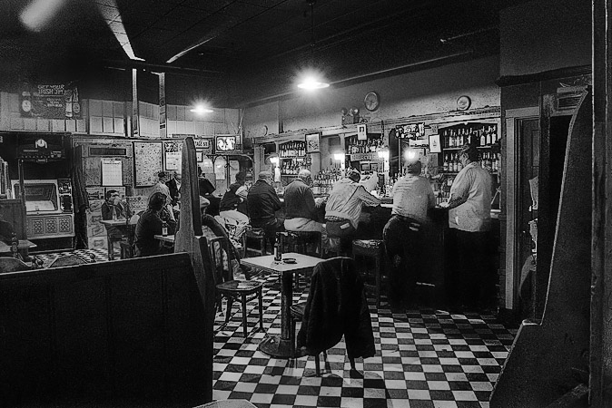 The front room of J.J. Foley’s bar at 21 Kingston Street in Boston.