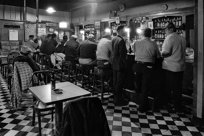 The front room of J.J. Foley’s bar at 21 Kingston Street in Boston.