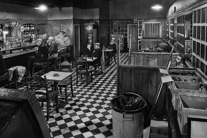 The front room of J.J. Foley’s bar at 21 Kingston Street in Boston.