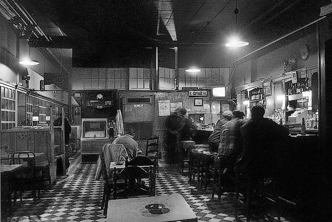 The front room of J.J. Foley’s bar at 21 Kingston Street in Boston.