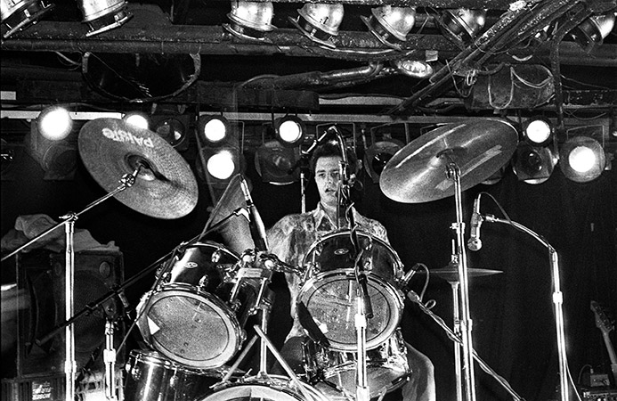 Peter Prescott of the Volcano Suns playing the drums at the Rathskeller in Kenmore Square.