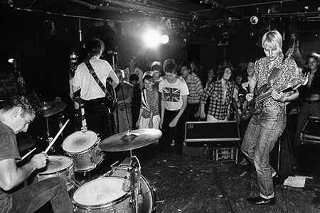 Aimee Mann, Doug Vargas and Dave Bass Brown of the Young Snakes on stage at the Rat in Kenmore Square, 1982.