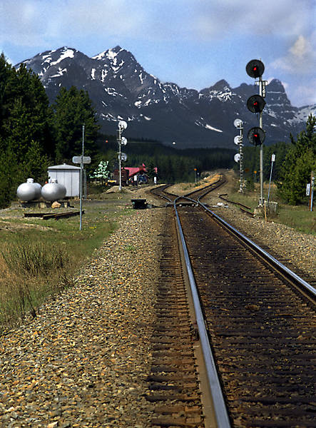 Train tracks head west out of Banff, Alberta, bound for the Pacific Coast.
