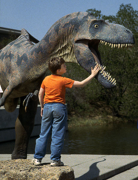 A boy checks out the orthodontics at the Royal Tyrrell Museum, Alberta