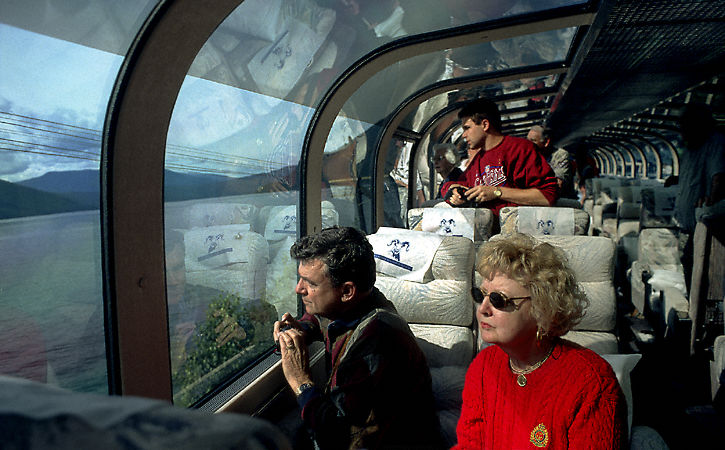 Passengers peruse the Alberta scenery from the Rocky Mountaineer’s “dome car.”