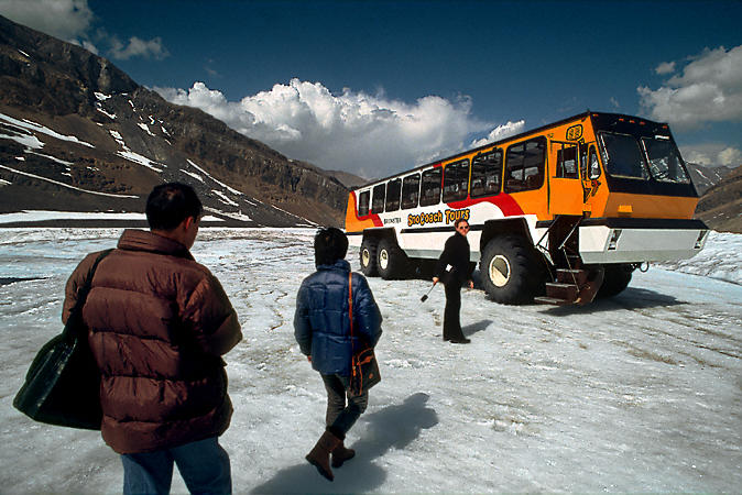 The “Snocoach” shuttles passengers to the Athabasca Glacier, Alberta