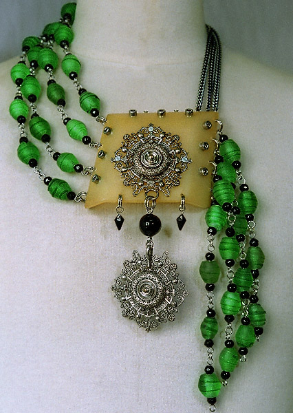 Jewelry by Rock ’n’ Roll Suicide: collar with medallions and green glass beads