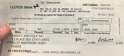 A counterfeit check written for 2,500 euros.