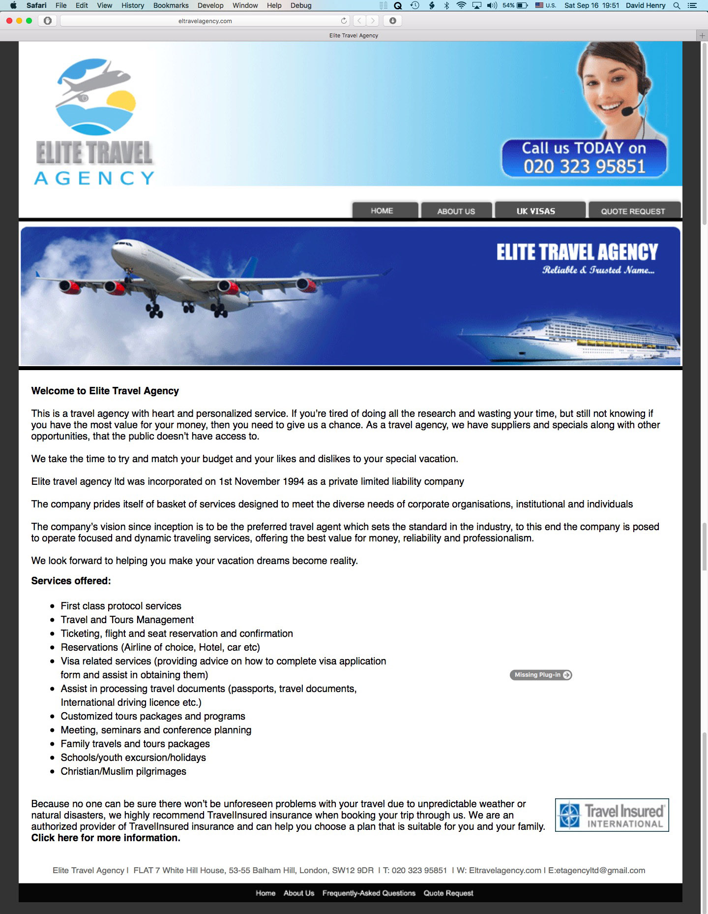 Elite Travel Agency’s home page.