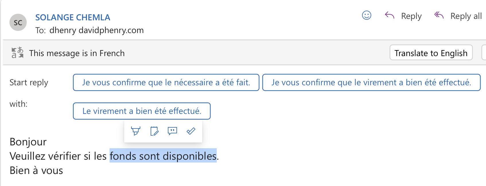 Un e-mail envoyé par «Solange Chemla».