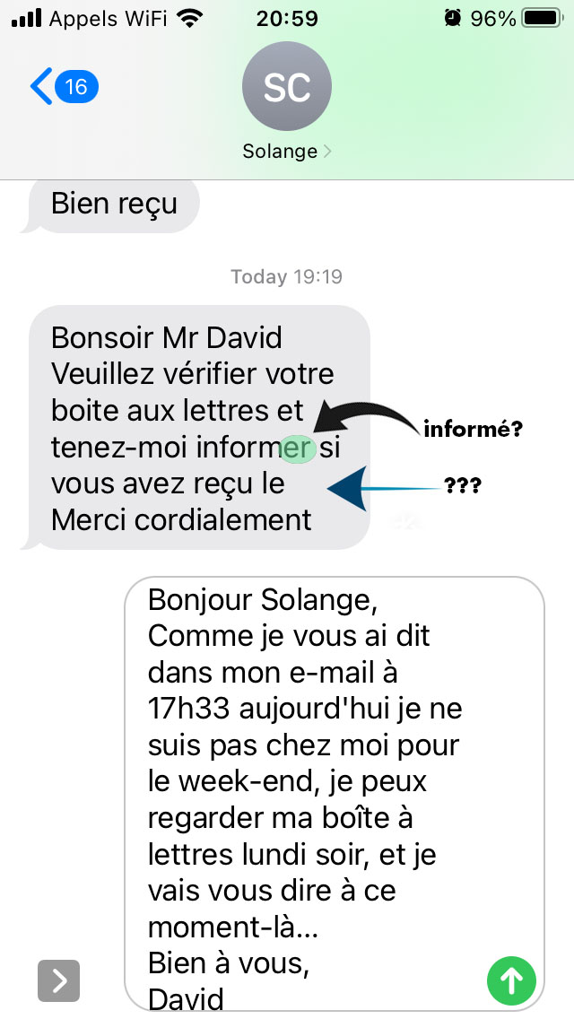 Un SMS envoyé par «Solange Chemla».