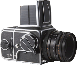 The Hasselblad 500C, a 6x6 cm SLR made in Sweden.