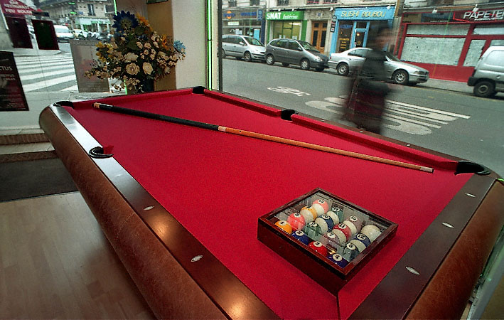 A pool table in the showroom of the René Pierre Billiard shop in Paris.